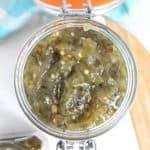 Overhead shot of sweet green chili in a glass jar
