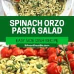 Pinterest graphic. Spinach orzo salad with text