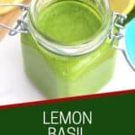 Pinterest graphic. Lemon basil pesto with text