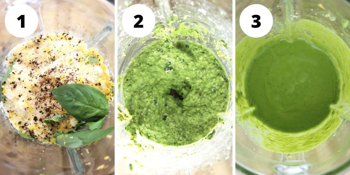 Three photos to show how to make the pesto in a blender