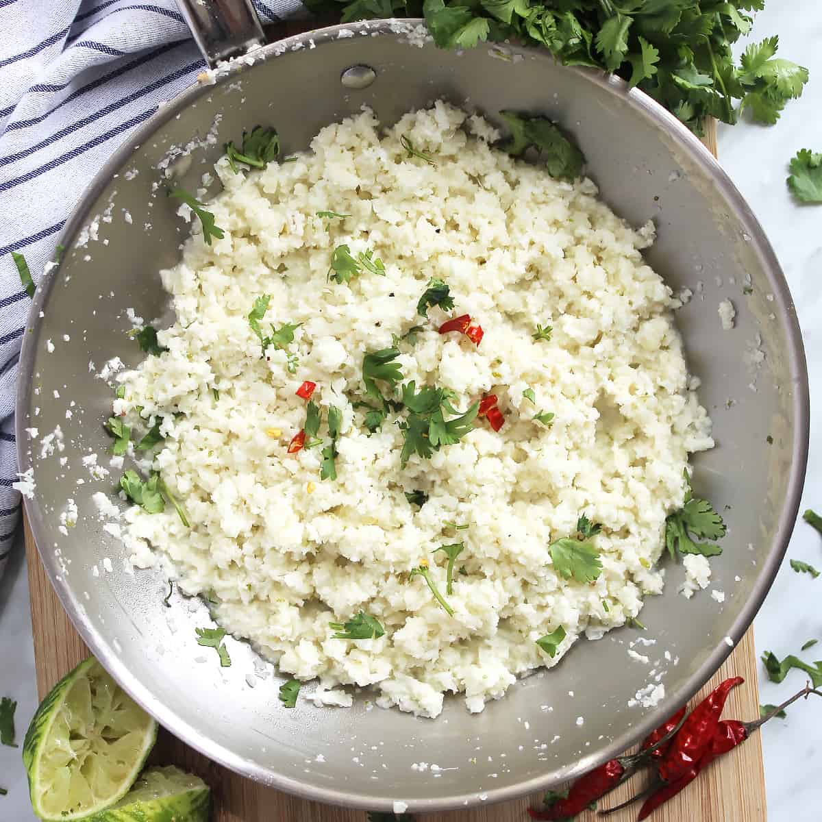 Overhead shot of the cauliflower rice in a skillet ready to serve.