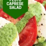 Pinterest graphic. Pesto caprese salad with text.