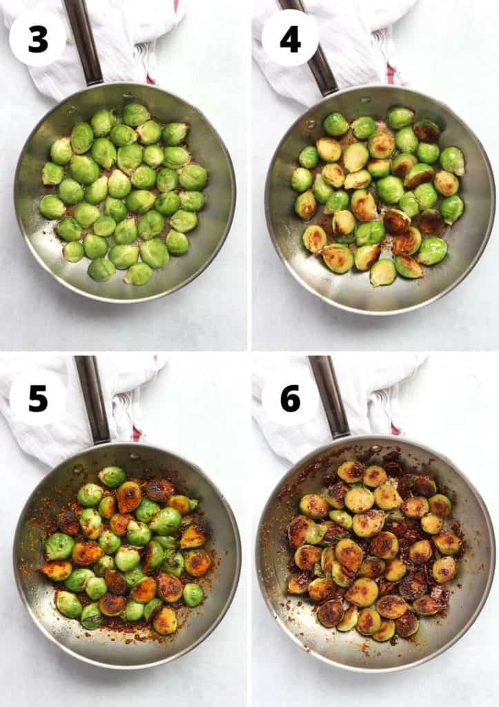 Four step by step photos showing Brussels sprouts cooking in a skillet.