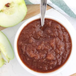 A spoon in a small bowl of cider apple sauce.