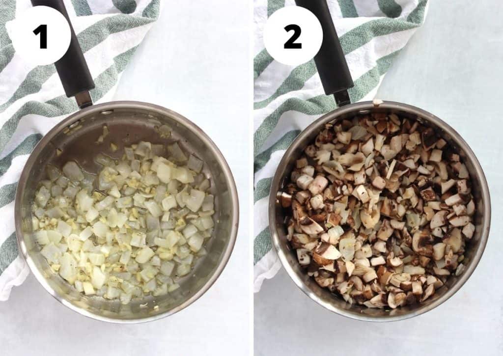 Tow photos to show softening the onions and garlic in a pot and adding chopped mushrooms.