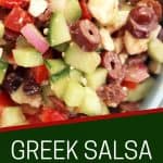 Pinterest graphic. Greek salsa with text.