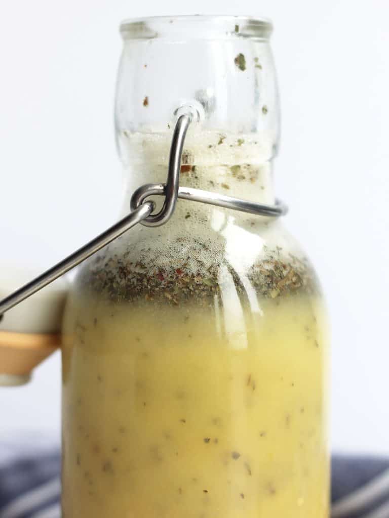 Close up of the bottle of salad dressing.