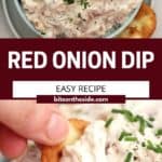 Pinterest graphic. Red onion dip with text.