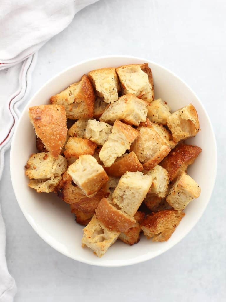Overhead shot of a bowl of croutons.