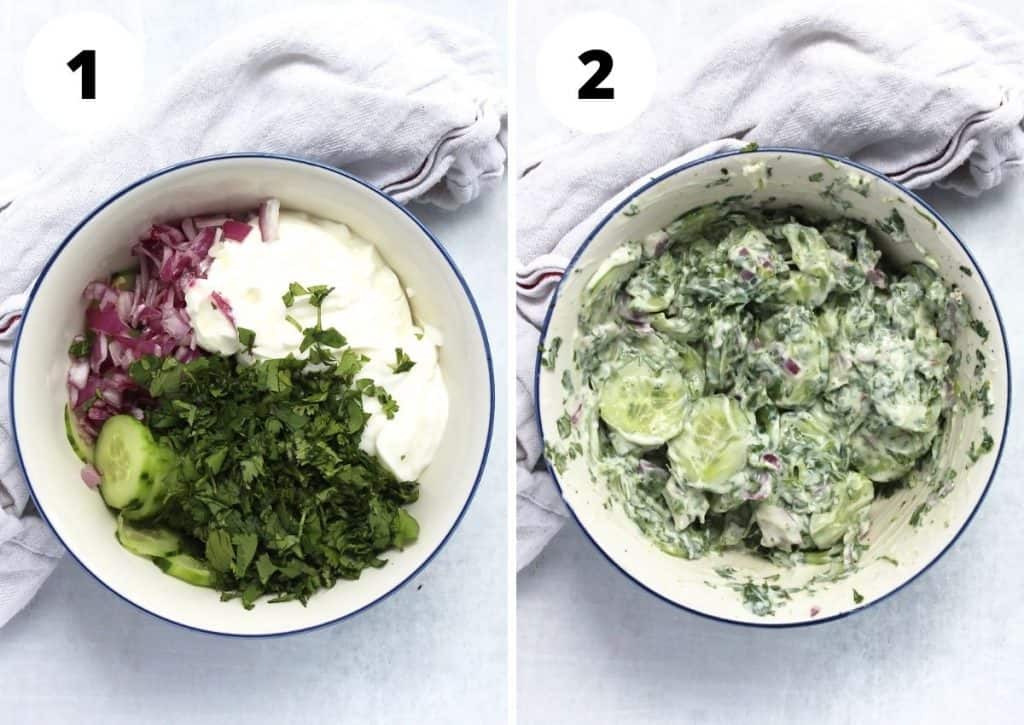 Two step by step photos to show how to make the salad.