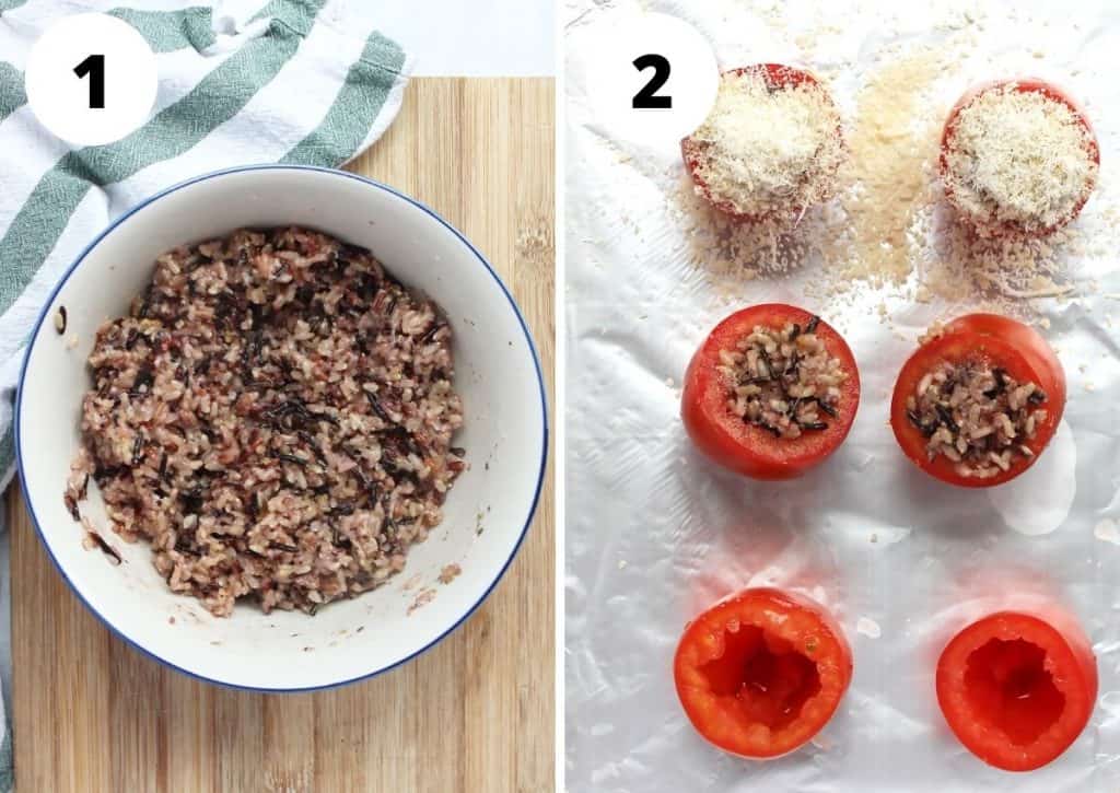 Two step by step photos showing how to make the stuffing and fill the tomatoes.