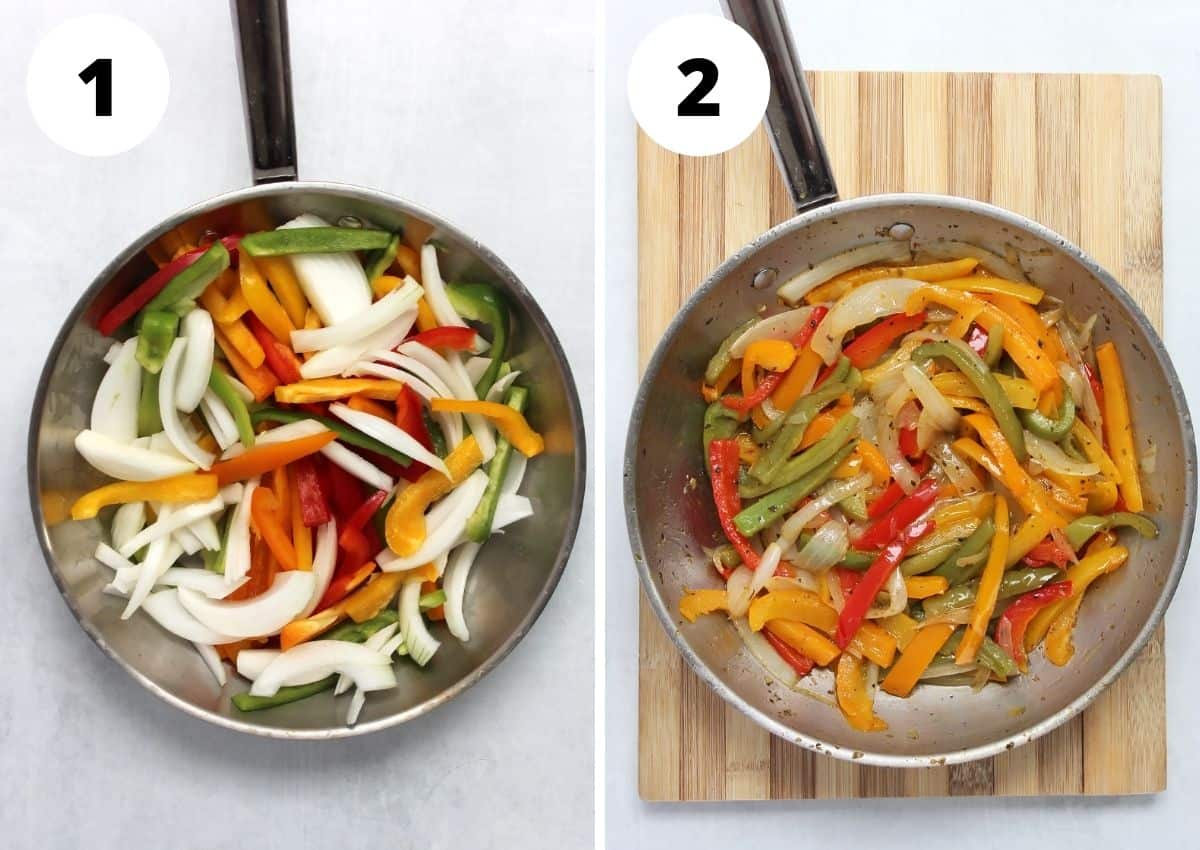 Two step by step photos to show how to cut and cook the vegetables.