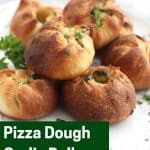 Pinterest graphic. Pizza dough garlic balls with text.