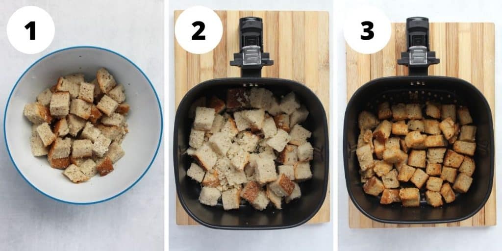 Three step by step photos to show how to make the croutons.