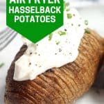 Pinterest graphic. Air fryer hasselback potatoes with text overlay.