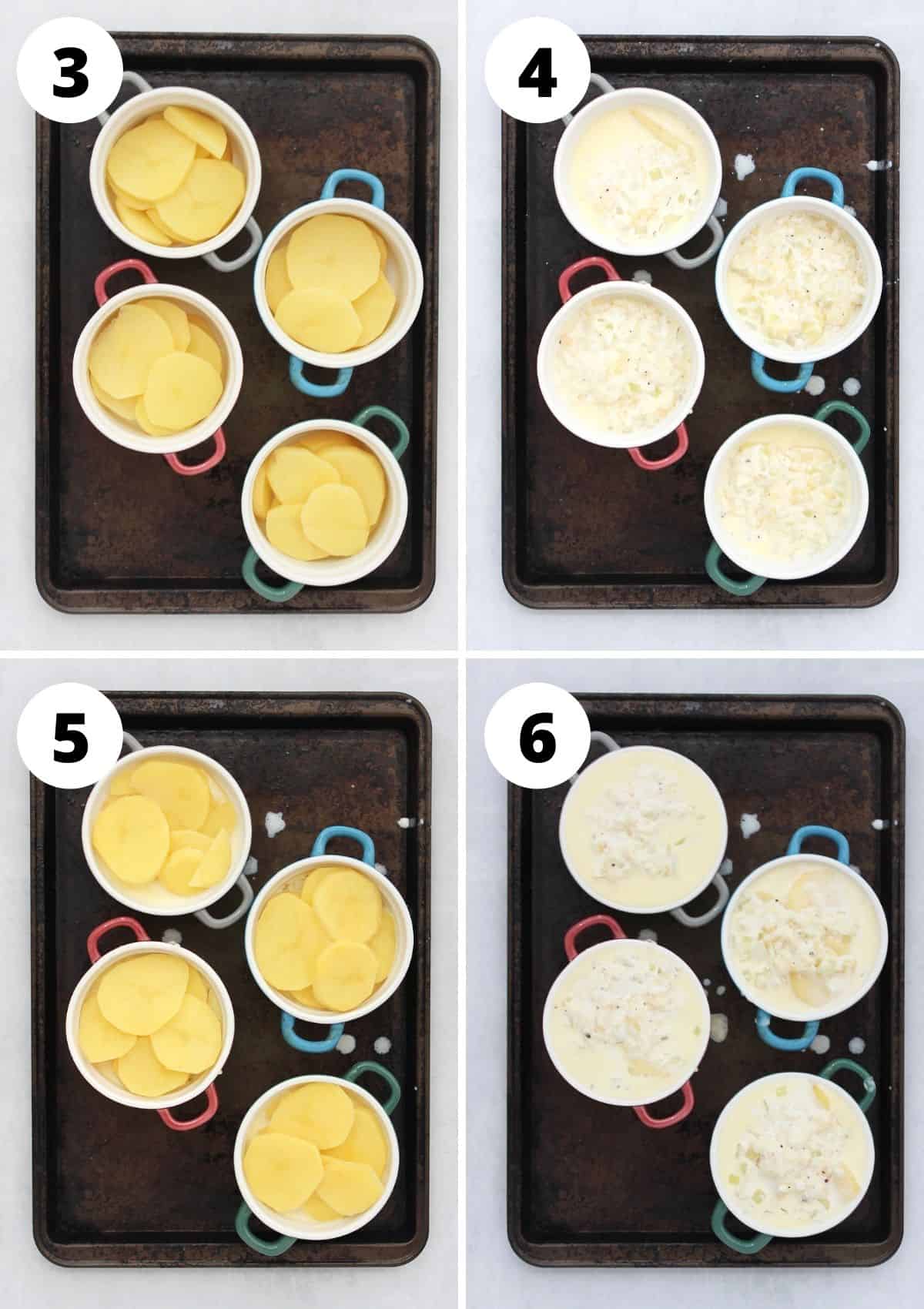 Four step by step photos to show how to layer the potatoes and sauce.