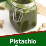 Pinterest graphic. Pistachio pesto with text overlay.