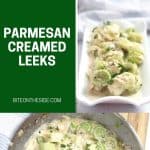 Pinterest graphic. Parmesan creamed leeks with text overlay.