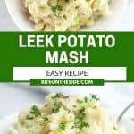 Pinterest graphic. Leek potato mash with text overlay.