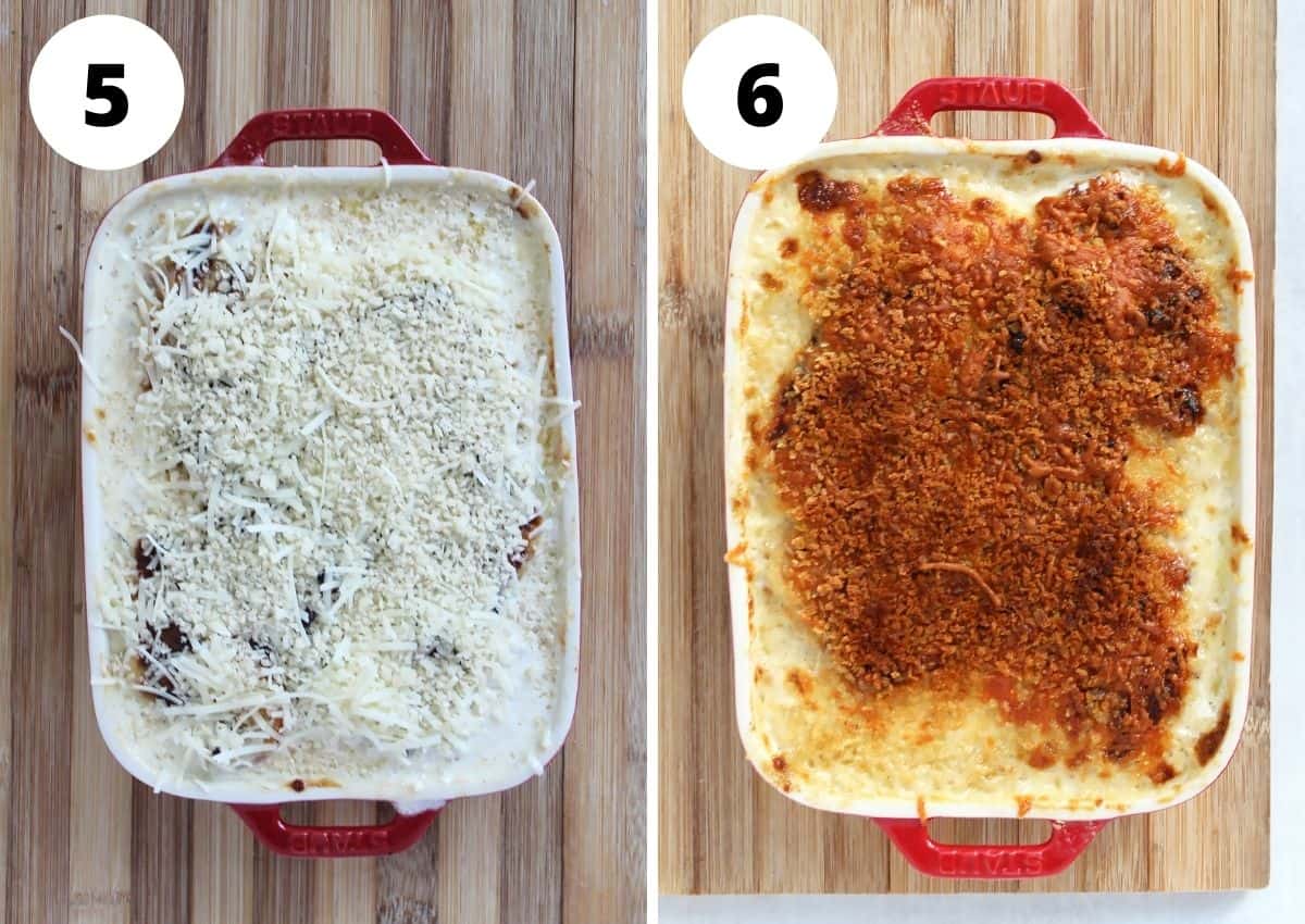 The air fryer potato gratin before and after being broiled.