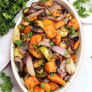 Air fried roasted vegetables in a serving dish.