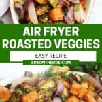Pinterest graphic. Air fryer roasted root vegetables with text overlay.