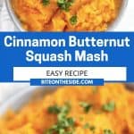 Pinterest graphic. Butternut squash mash with text overlay.