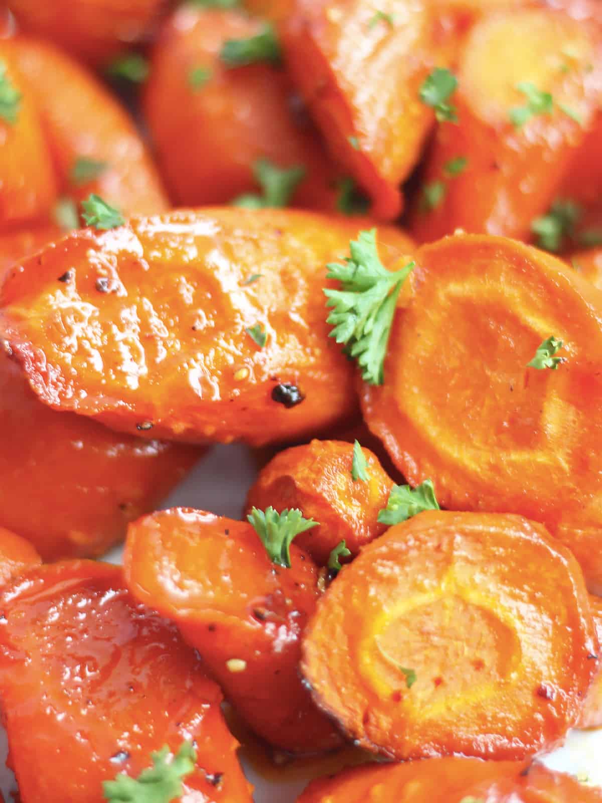 Close up of the roasted glazed carrots.