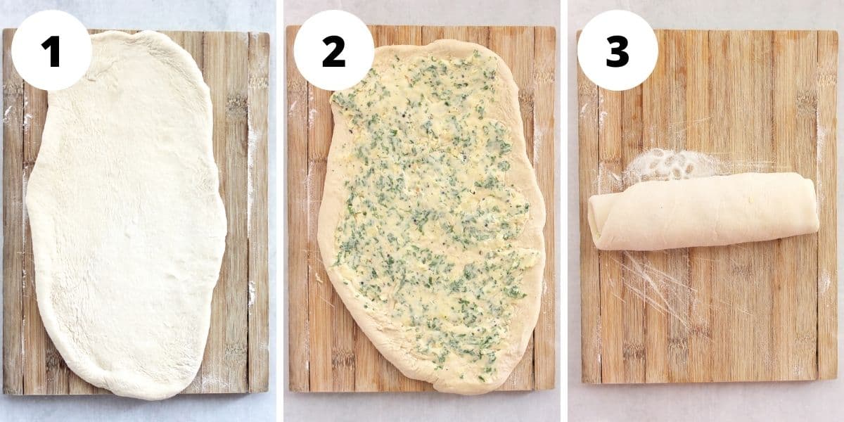Three photos to show how to fill and roll the pizza dough.