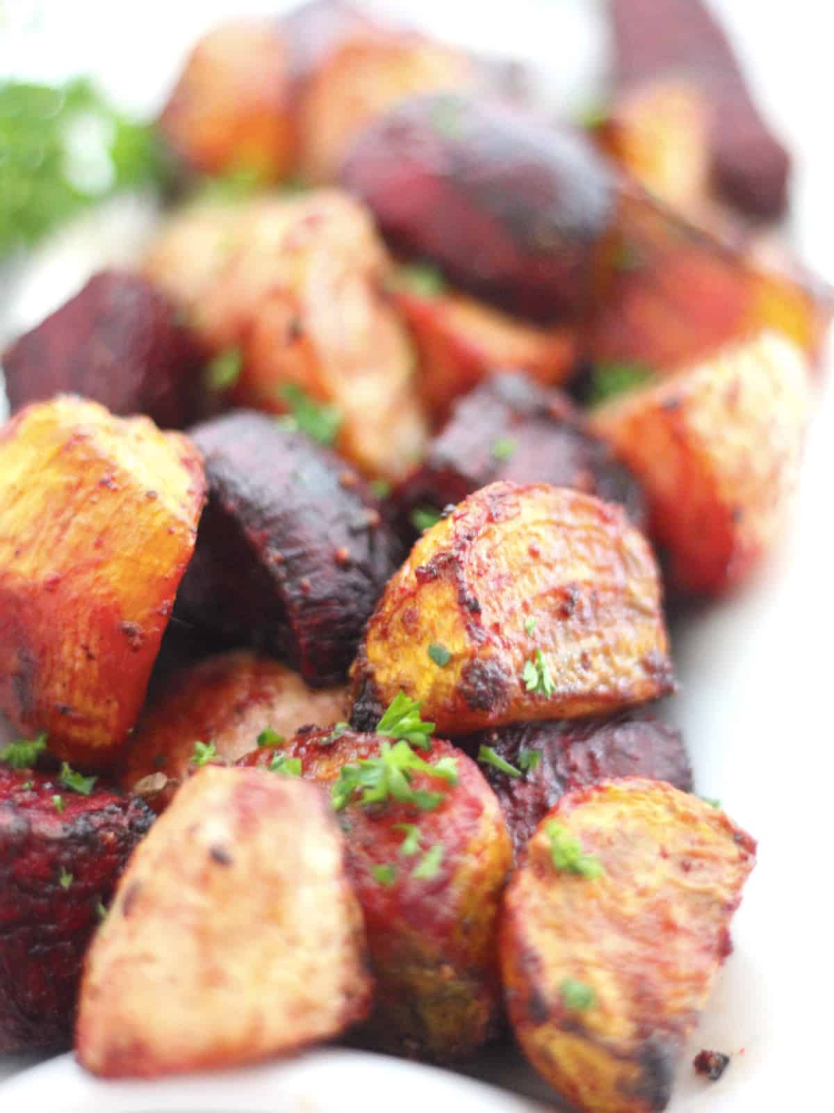 Close up of quartered roasted beets.