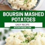 Pinterest graphic. Boursin mashed potatoes with text overlay.