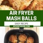 Pinterest graphic. Air fryer mashed potato balls with text overlay.