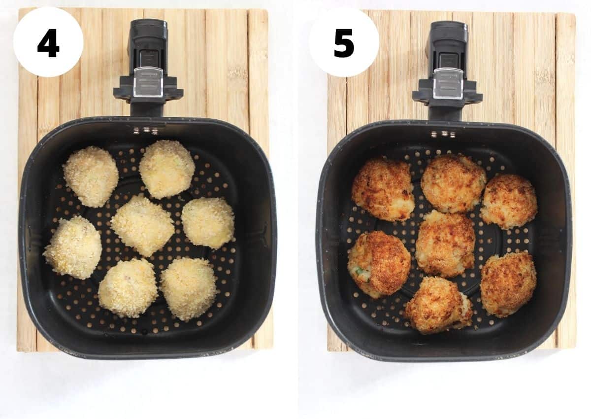 Mashed potato balls before and after being air fried.
