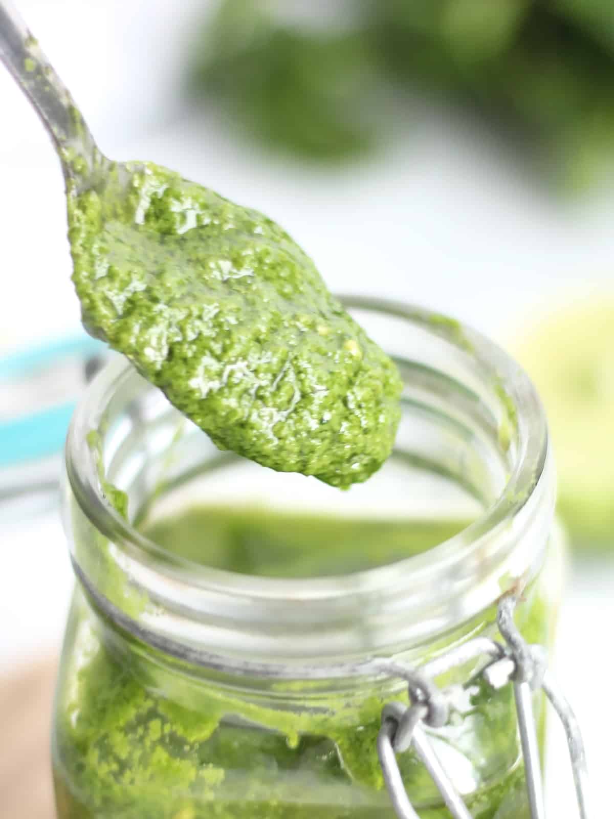 Close up of the green pesto on a spoon.