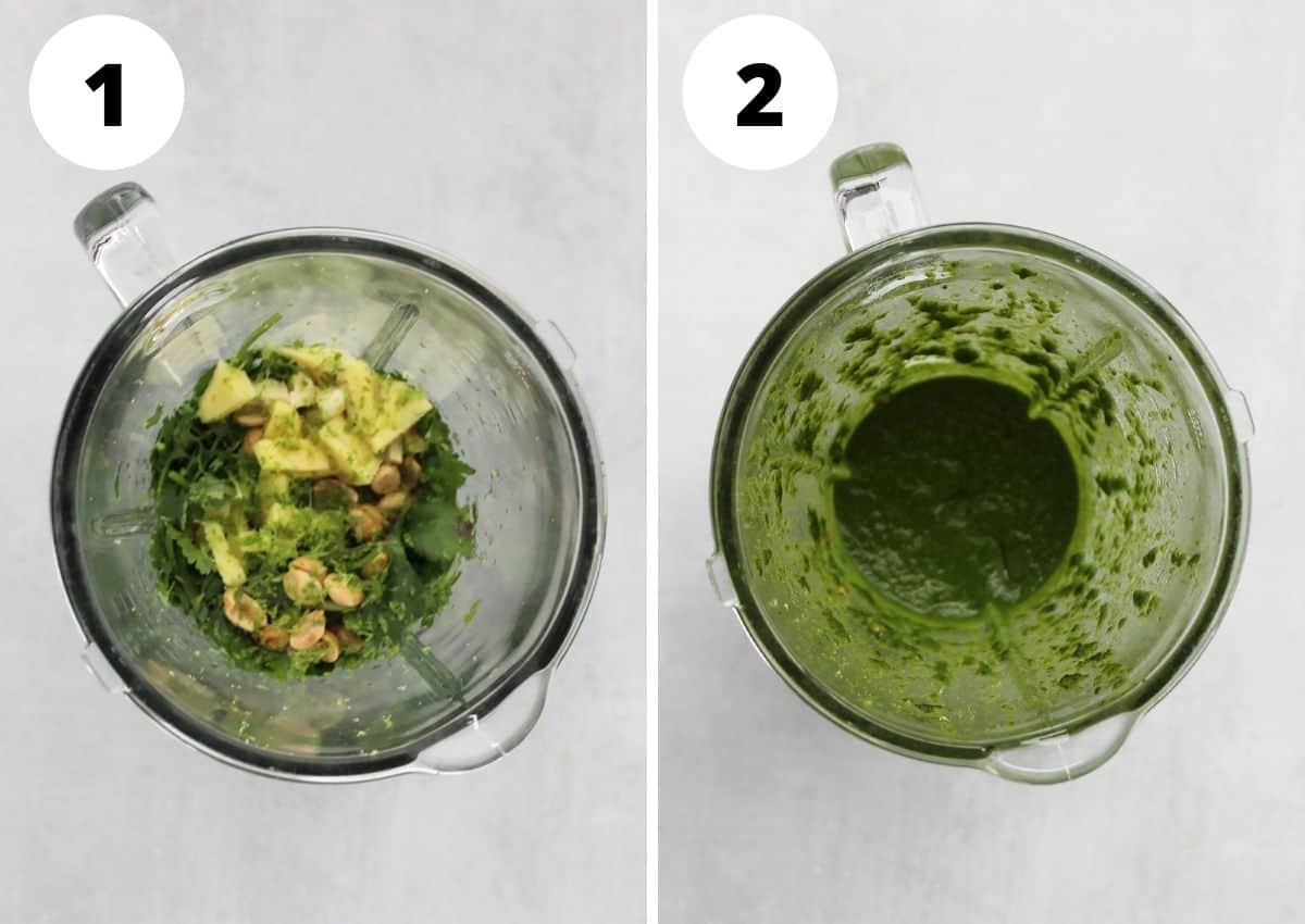 Two photos to show the pesto before and after blending the ingredients together.