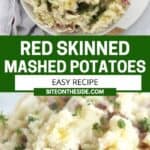 Pinterest graphic. Red skinned mashed potatoes with text overlay.