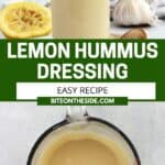 Pinterest graphic. Hummus salad dressing with text overlay.