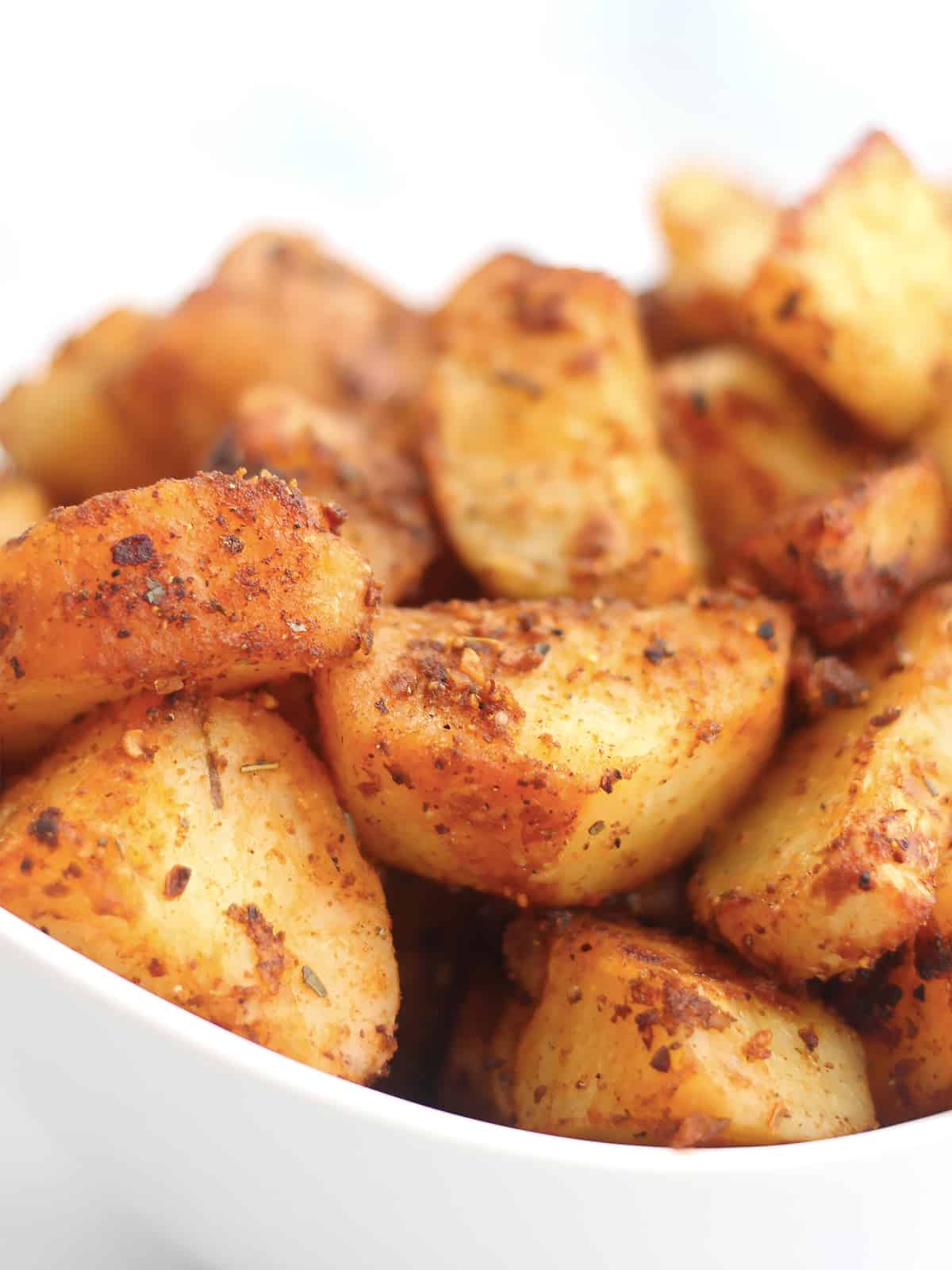 Close up of roasted potatoes.