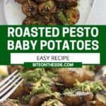 Pinterest graphic. Roasted pesto baby potatoes with text overlay.