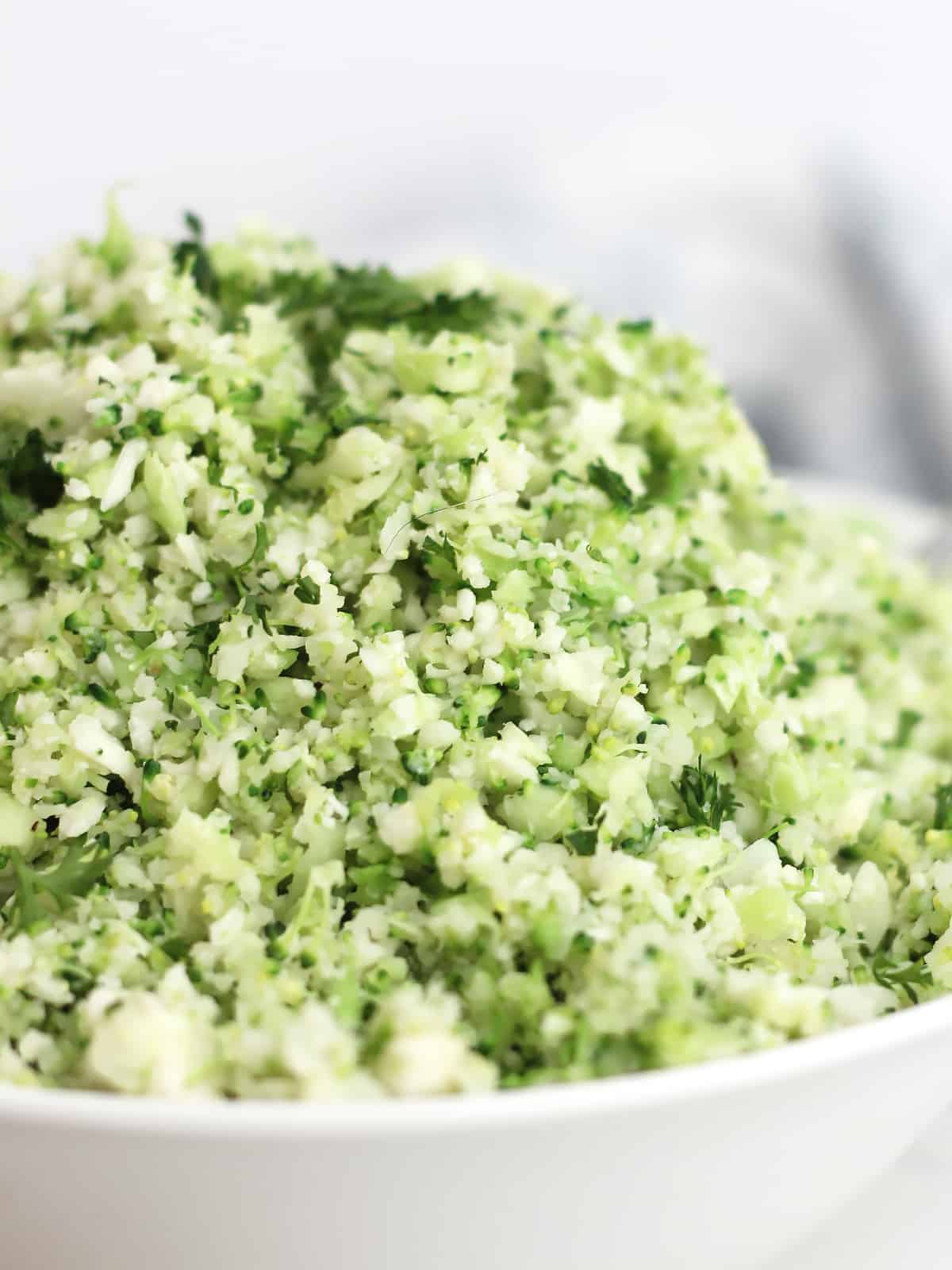 Close up of riced broccoli and cauliflower.