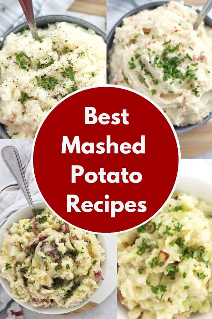 Four bowls of mashed potato with text overlay.