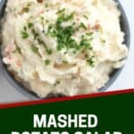 Pinterest graphic. Mashed potato salad with text overlay.
