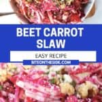 Pinterest graphic. Beet carrot and cabbage slaw with text overlay.