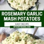 Pinterest graphic. Rosemary garlic mashed potatoes with text overlay.