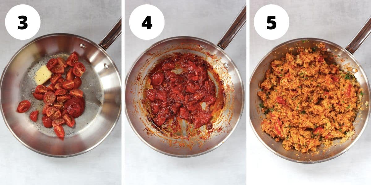 Three photos to show how to cook the tomatoes and combine it with the cooked quinoa.
