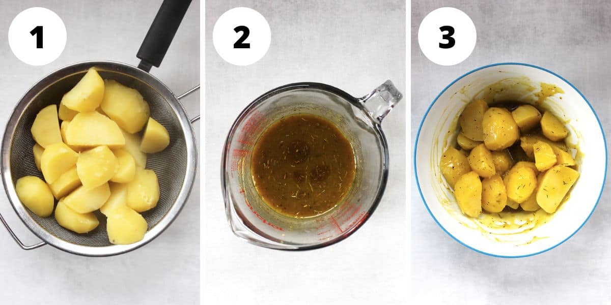 Three photos to show how to prep the potatoes for roasting.