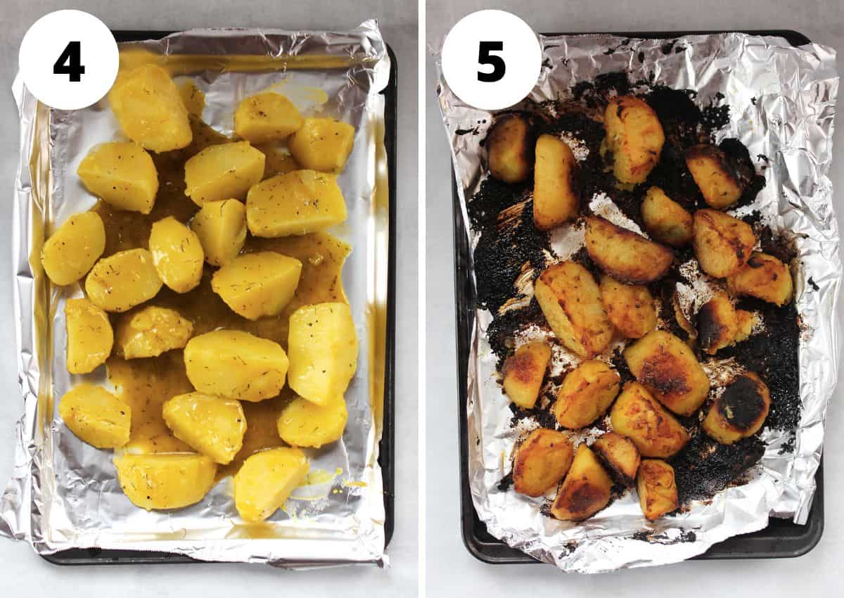 The potatoes on a baking sheet covered with foil, before and after roasting.
