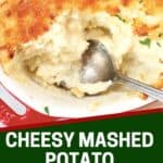 Pinterest graphic. Twice baked mashed potato casserole with a text overlay.