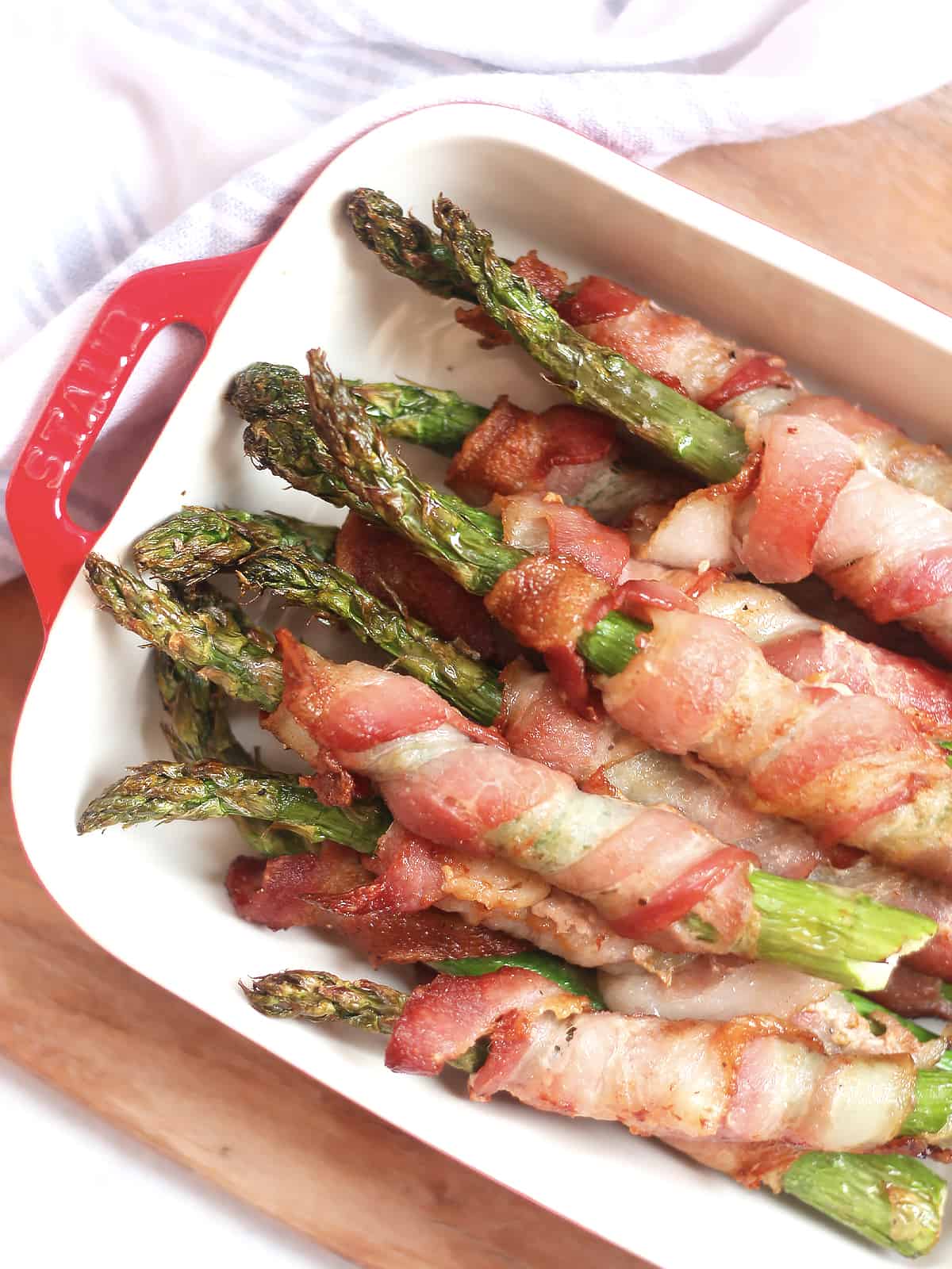 Asparagus spears wrapped in crispy bacon.