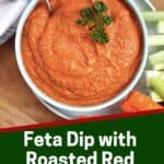Pinterest graphic. Feta dip with roasted red peppers with text overlay.